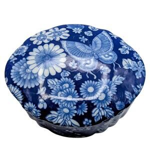 Vintage Blue & White Floral Butterfly Ceramic Trinket Box W/ Lid
